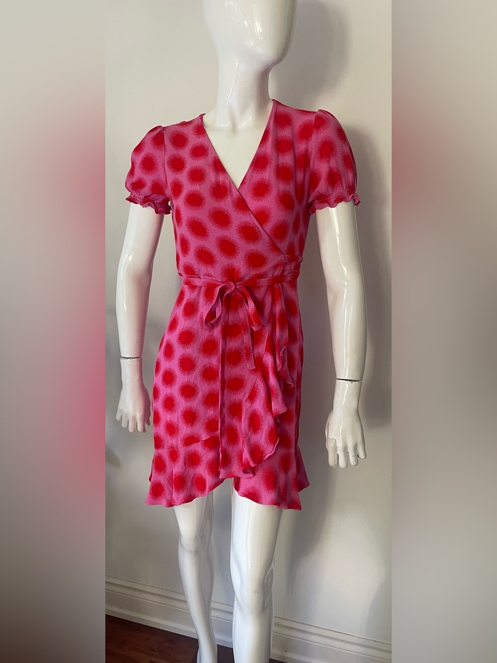 dvf Pink Wrap Mini Dress Polka Dot Print Puff Sleeve Tie Waist Size Small - Picture 6 of 8